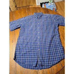Size LT Biscayne Bay Short Sleeve Button Front Cotton Blue Tan White Shirt